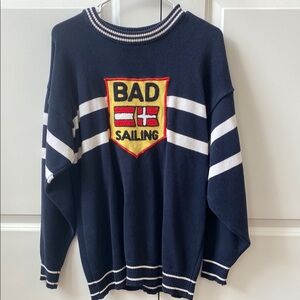 Blue Crewneck Sweater with Graphic Design and Stripes